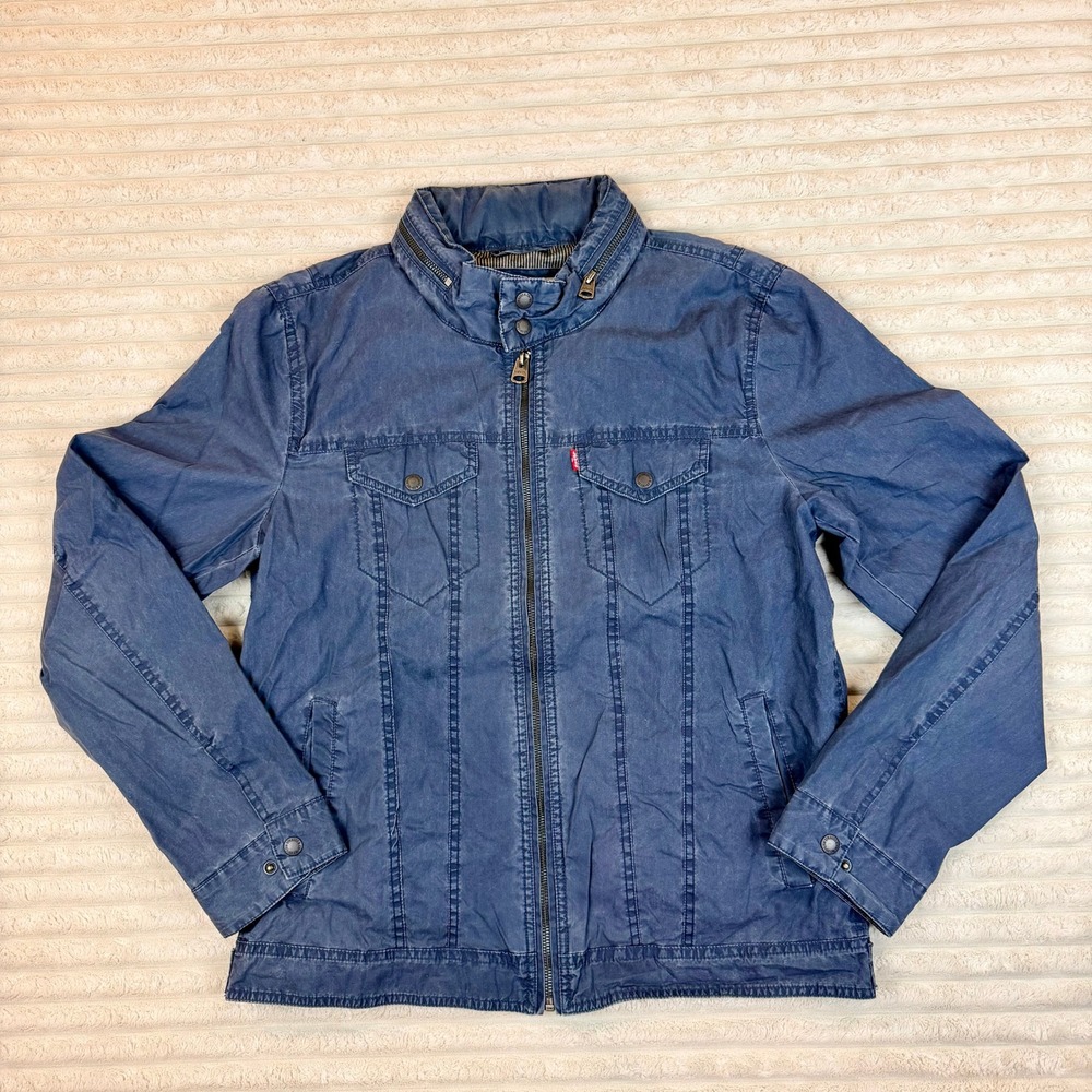 Levis Mens Field Jacket Blue Cotton Nylon Blend Full Zip Utility Coat Size M